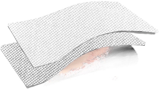 schéma représentant les trois couches de la matière brevetée pour deuxième peau afin de prendre soin des peaux atopiques. Cette matière contient de la soie, du tencel et de l'élasthanne. L'élasthanne ne se trouve pas au contact direct de la peau.